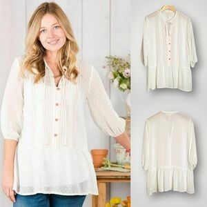 Matilda Jane Swiss Dot Light the Way Top Pintuck Peplum Sheer Tie V Neck EUC